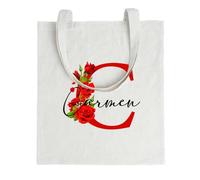 Bolsa tote bag personalizada con asas largas de algodón 100% | Bolsa reutilizable y ligera para regalo, compras, eventos, detalles originales,mujeres, amigas, cumpleaños (Inicial flor + nombre)