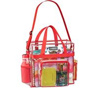 Bolsa transparente aprobada por el estadio, bolsillos de malla, correas para el hombro, parte superior con cremallera. Perfecto para el trabajo, escuela, juegos y conciertos., Borde transparente/rojo