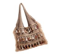 Bolsas, bolsas de playa con borlas para mujer, bolso de compras para el hombro, bolso de viaje casual, plegable, con borlas, bolsa de playa de punto de ganchillo, Khaki