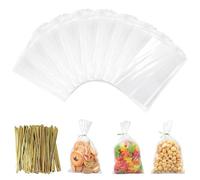 Bolsas Celofan Transparente 13x18cm, 200 Bolsas de Cono Transparentes de Caramelos, Bolsitas de Regalos Plastico con 200 Lazos Retorcidos, Papel Transparente para Envolver Regalos, Bolsas Cumpleaños