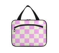 Bolsas colgantes a cuadros beige violeta para mujer, con gancho, bolsa de maquillaje portátil para viajes, maquillaje, cruceros, organizador de maquillaje para viajes, Cuadros beige violeta a cuadros