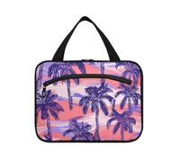Bolsas colgantes de atardecer púrpura con diseño de palmeras de playa para viajes con gancho, bolsa multifuncional de diseño con compartimentos para cruceros, viajes, mochileros, estuches para