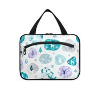 Bolsas colgantes de piel de vaca de Navidad turquesa para viajar con gancho, bolsa de maquillaje acolchada plegable para viajes imprescindibles para maquillaje, Estampado navideño de piel de vaca