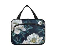 Bolsas colgantes vintage de flores de peonía blancas para mujer, con gancho, estuche de maquillaje elegante para cruceros, viajes, vacaciones, maletín para maquillaje, L