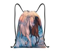 Bolsas con Cordón Caballos Blancos Y Marrones Corren por El Mar Mochila Cuerdas Durable Mochila con Cordón Luz Bolsa De Cuerdas para Escuela Playa Vacaciones