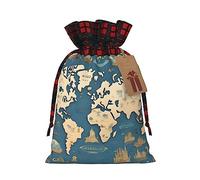 Bolsas con cordón de celosía con estampado de mapa del mundo, bolsas de regalo de Navidad, bolsas de regalo de fiesta