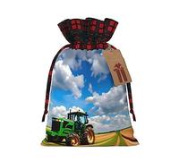 Bolsas con cordón de celosía con estampado de tractor bajo cielo azul y nubes blancas, bolsas de regalo de Navidad, bolsa de regalo de fiesta