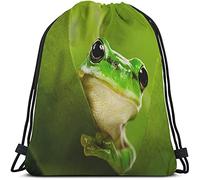 Bolsas con cordón de rana verde Mochila Bolsa Lindo Animal Pequeño Divertido Vida silvestre Árbol Hojas Naturaleza Negro Ojos grandes Deporte Gimnasio Saco Bolsa con cordón Bolsa de cuerda Bolsa de yo