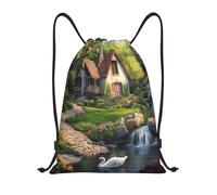 Bolsas con Cordón Encantadora Casa De Campo Junto A La Cascada, Jardín Sereno, Cisnes Nadando Bolsa De Cuerda Plegable Bolsa De Cuerdas Luz Drawstring Bag para Vacaciones Escuela Playa