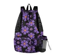 Bolsas con cordón para hombres y mujeres, bolsa deportiva con bolsillo para botella de agua, bolsas de cincha para separar en seco y húmedo, patrón a cuadros, color negro, morado, flor morada