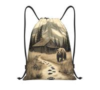 Bolsas con Cordón Un Oso Pardo Se Acerca A Una Cabaña De Troncos Mochila con Cordón Luz Drawstring Bag Plegable Bolsa De Cuerda para Playa Gimnasio Natación