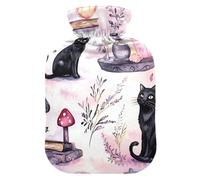 Bolsas de agua caliente con diseño de gatos negros y flores moradas con funda de terciopelo suave, bolsa de agua caliente para calambres menstruales, tamaño pequeño