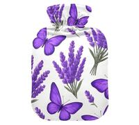 Bolsas de agua caliente con diseño de mariposa púrpura y flor de lavanda con funda suave, bolsa de agua caliente para compresión caliente y fría, tamaño mediano