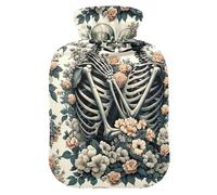 Bolsas de agua caliente con diseño de pareja de esqueleto besándose con flores, con funda de terciopelo, bolsa de agua caliente para comprimir frío y caliente, 1 litro