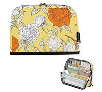 Bolsas de almacenamiento para lápices, color naranja y blanco, peonías, amarillas, estuche grande con cremallera, bonito estuche para lápices para niñas, impresión para niños, artículos de papelería