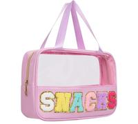 Bolsas de aperitivos, bolsa transparente de felpilla con parche de letras, bolsa de aperitivos para viajes, bolsa de cosméticos preparados transparente con cremallera, bolsas de aseo para mujeres que
