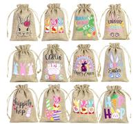 Bolsas de arpillera con cordón,Bolsa de yute de lino de conejo de Pascua - Bolsa de regalos de 12 piezas con cordón Bolsa de arpillera de conejito - Bolsa de dulces de primavera, saco de arpillera de