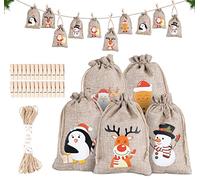 Bolsas de arpillera de Navidad,25 bolsas de cordón de Navidad + 25 Clip+10 m con impresión de Navidad resistente al desgaste y al polvo para caramelos y Biscuits para niños, 10 x 15 cm