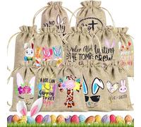 Bolsas de arpillera de Pascua,Bolsas con cordón de arpillera,Bunny Goody Bag Bolsa de arpillera de 12 piezas con cordón - Bolsa de caramelos de huevo de lino de saco de arpillera para recuerdo de fies
