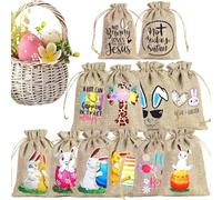 Bolsas de arpillera de Pascua con cordón,Bolsa de arpillera con cordón de Pascua, Bunny Goody Bag Bolsa de arpillera de 12 piezas con cordón, Bolsa de dulces de primavera, saco de arpillera de huevo p