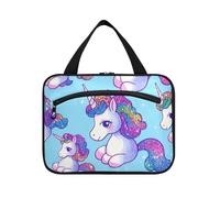 Bolsas de aseo de viaje con diseño de unicornios de dibujos animados con purpurina falsa para mujer, con gancho, plegable, bolsa de medicina para mujer, cartera de trabajo para maquillaje, L