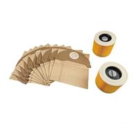 Bolsas de aspiradora y filtros compatibles con Kärcher Wet Dry WD2, WD2.200, MV2, A2004 y para Hoover, 12 piezas (10 bolsas + 2 filtros), filtración eficiente para aire limpio