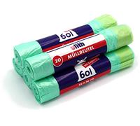 Bolsas de basura con cordón, 60 litros, 20 unidades por rollo, 63 x 74 cm, resistente a la rotura y a los líquidos