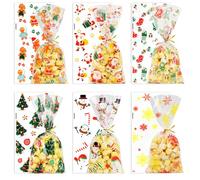 Bolsas de celofán de Navidad, 150 bolsas de dulces de Navidad, bolsas de regalo de Navidad, 6 estilos de bolsas de regalo de Navidad, bolsas de regalo con lazos giratorios para suministros de fiesta