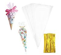 Bolsas de Celofan Transparente 100 Pcs Bolsa de Celofán de Cono Bolsa de Dulce Plastico Lazos de Torsión Bolsas Transparentes para Regalos,Chuches,Galletas,Chocolates Cumpleaños Boda Fiesta (Grandes)