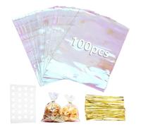 Bolsas de Celofán Transparentes 100 uds, 15x23cm Bolsas de Regalo OPP Coloridas con Cintas Doradas y Pegatinas de Estrellas Bolsitas para Caramelos Fiestas Bodas Cumpleaños Manualidades