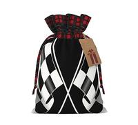Bolsas de celosía con cordón, bolsas de regalo de Navidad, bolsas de regalo de Navidad, bolsa de recuerdo de fiesta de Navidad, fórmula negra y blanca con patrón de banderas a cuadros