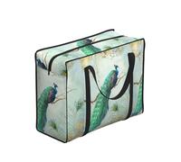 Bolsas de compra reutilizables y plegables, bolsas de lavandería portátiles con cremallera y asa resistente, color azul aguamarina elegante con diseño de pavo real y plumas en forma de rama de árbol.