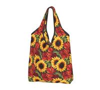Bolsas de compras reutilizables con estampado de girasol y hojas rojas, 3 bolsas plegables con asas
