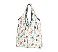 Bolsas de compras reutilizables con estampado de guitarra de música colorida, bolsa de comestibles plegable con asas, Negro, 1 PCS