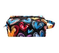 Bolsas de cosméticos de viaje con asa, corazones coloridos sin costuras en estilo garabato, resistente al agua, organizador de accesorios para mujeres y niñas, Multicolor 10, 8.2x3.1x3.5 in/21x8x9 cm