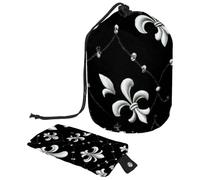 Bolsas de cosméticos de viaje con cordón, bolsa de maquillaje de barril, mini organizador de artículos de tocador grande e impermeable para mujeres, Mini flor de lis blanca plateada,