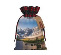 Bolsas de dulces de Navidad con estampado de paisaje de montaña, bolsas de cordón bloqueadas de color, bolsas de aperitivos con cordón