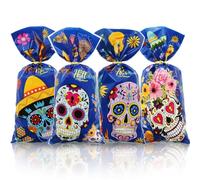 Bolsas de dulces del Día de los Muertos, 50 bolsas de regalo mexicanas del Día de los Muertos, 4 estilos de calavera, caléndula mexicana, bolsa de regalo de celofán con lazos dorados para fiesta de