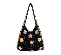 Bolsas de ganchillo para mujer, hechas a mano, con flores, bolso de punto floral, para viajes diarios, citas, vacaciones de verano, viajes, festivales de música, cumpleaños, niñas y mujeres, NEGRO
