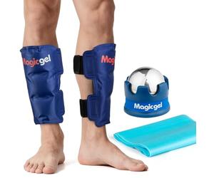Bolsas de gel frío para espinillas reutilizable - Hielo gel para lesiones - Alivio instantáneo del dolor de piernas - Kit completo con banda de estiramiento y rodillo masajeador, de Magic Gel