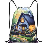 Bolsas De Gimnasia Cabaña De Cuento De Hadas Caprichosa Al Atardecer Bolsas De Cuerdas Hidrófugo Mochila De Cuerdas Ajustable Mochila Deportiva para Gimnasio Playa Viajar 36X42Cm