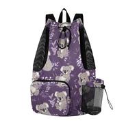 Bolsas de gimnasio con cordón para hombres y mujeres, bolsa de campamento de verano con bolsillo para botella de agua, mochila de cuerda, impermeable, caricatura, lindo koala, morado