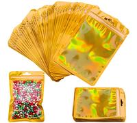 Bolsas de lámina de mylar,100 unids Resellable Food Bolsas de almacenamiento de alimentos Bolsas de envasado holográfico Bolsas de lámina plana de café Galletas al aire libre Joyería (10*15cm, Gold)