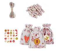 Bolsas de lino para caramelos, 24 unidades, surtido para envolver regalos con clips, calcomanías de números, muñeco de nieve, Papá Noel, diseño de alce para fiestas de cumpleaños, vacaciones