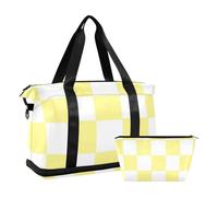 Bolsas de lona a cuadros americanas amarillas y blancas llevan en el hombro bolsa de transporte de fin de semana con correa ajustable para yoga Juego de 2 piezas, cuadros americanos amarillos y