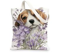 Bolsas de lona artísticas con diseño floral, bolsas de compras reutilizables con bonito patrón de perro, bolsas de lona ligeras y lavables con correa para el hombro, Violeta, 13x15 Inch