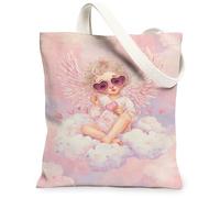 Bolsas de lona con diseño de ángel, con bonito patrón de querubín, bolsas de comestibles reutilizables, vintage, ligeras y lavables con correa de hombro, Melocotón, 13x15 Inch