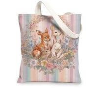 Bolsas de lona con diseño de animales, bolsas reutilizables con bonito patrón de amigos del bosque, vintage, floral, ligeras, lavables con correa para el hombro, Pastel, 13x15 Inch