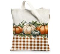 Bolsas de lona con diseño de calabaza, bolsas de comestibles reutilizables con patrón de calabaza rústica, bolsas de lona ligeras y lavables con correa para el hombro, Beige, 13x15 Inch