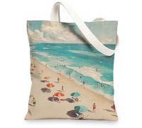 Bolsas de lona con diseño de escena de playa, bolsas de compras reutilizables con patrón de arte costero, ligeras, lavables y ecológicas, Beige, 13x15 Inch
